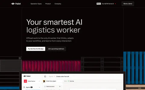 Pallet hero section: dark left-aligned headline with two buttons above an agent product screenshot framed by container and pallet artwork