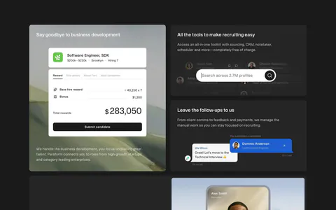 Paraform features section: dark bento grid of four tiles with reward, search and chat UI cards and a recruiter video call photo