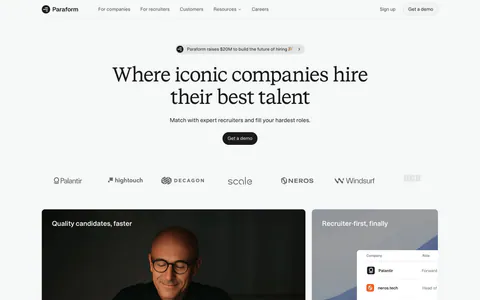 Paraform hero section: centered serif headline with demo button above a customer logo row and two cards with a portrait photo and UI table