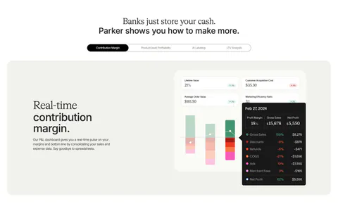 Parker features section: centered headline over a pill tab bar and beige panel with text beside a contribution margin dashboard UI