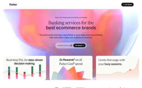 Parker hero section: centered headline and email signup on a pink-orange aurora gradient above three feature cards and a brand logo row