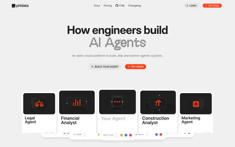 Phidata hero section: centered headline with dot-matrix AI Agents text and two buttons above a row of agent cards on light gray