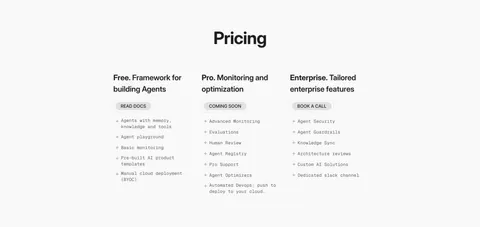 Phidata pricing section: centered Pricing heading above three plain plan columns with buttons and monospace feature lists on light gray