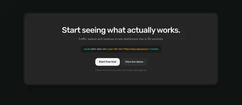 Piqo call to action section: centered headline, script tag snippet and two buttons inside a rounded charcoal card on a near-black page