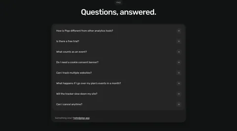 Piqo FAQ section: centered pill label and headline above a rounded dark card with eight collapsed questions and a contact email