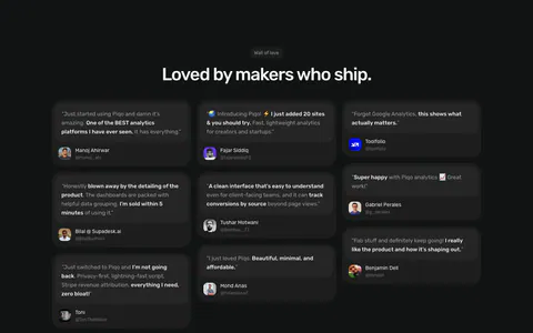Piqo testimonials section: centered Wall of love label and headline above a three-column masonry of dark quote cards with avatars