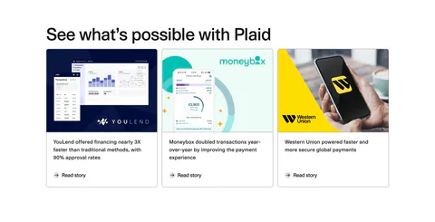 Plaid blog & resources section: headline above three customer story cards with product screenshots, a phone photo and Read story links