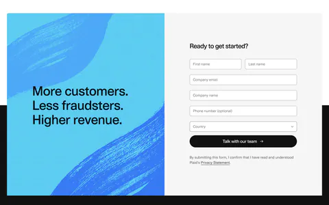 Plaid call to action section: blue brushstroke panel with stacked headline beside a gray contact form with name, email and country fields