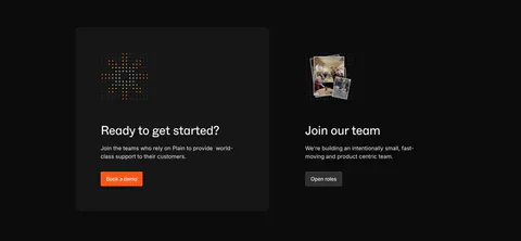 Plain call to action section: dark card with dot icon and orange demo button beside a Join our team block with a small photo stack