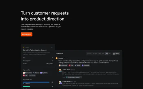 Plain features section: dark headline with orange button above feature request UI panels, three insight cards and a blue Axiom case study