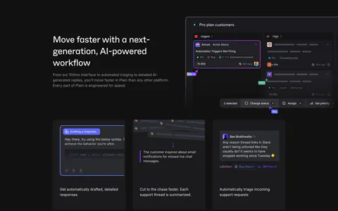 Plain features section: dark split with headline beside a triage board UI, above three cards showing AI drafting, summaries and labels