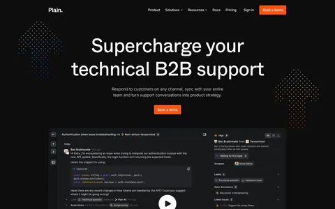 Plain hero section: dark centered headline and orange demo button above a support thread UI with a play button, flanked by dot clusters