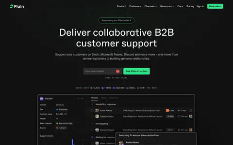 Plain hero section: dark centered headline with email field and green button above a support inbox screenshot on a dot grid