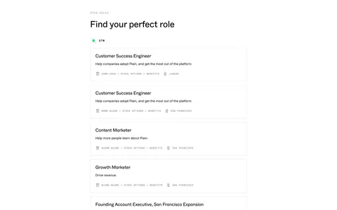 Plain careers section: left-aligned heading above a stacked list of bordered job cards with salary and location details on white