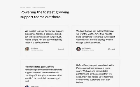 Plain testimonials section: left-aligned headline above a 2x2 grid of bordered quote cards with avatars and company logos on light gray