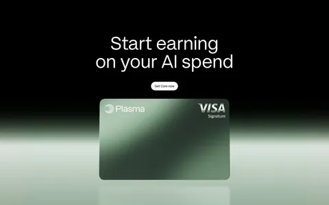 Plasma call-to-action section: centered headline and button above a green Plasma card render with a green glow on black