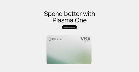 Plasma call to action section: centered heading and black button above a silver Plasma Visa card on light gray
