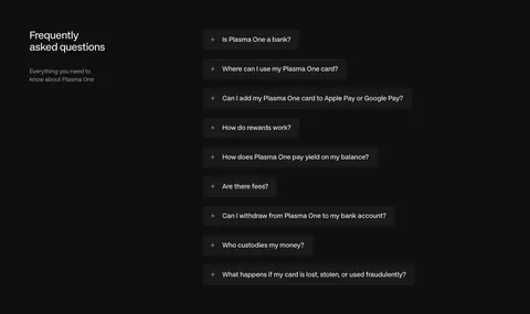 Plasma FAQ section: heading and intro left, collapsed question pills stacked right on a near-black background