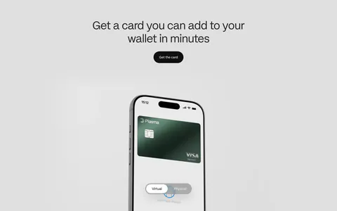 Plasma features section: centered heading and button above a phone showing a green Visa card with a virtual/physical toggle