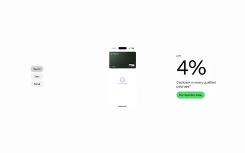 Plasma features section: Spend/Earn/Send tabs left, phone with card center and a large 4% cashback figure right on white
