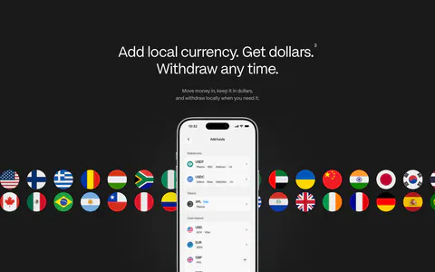 Plasma features section: centered heading above a phone add-funds screen with rows of country flag circles on charcoal