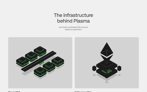 Plasma features section: centered heading above two gray cards with black and green isometric renders of consensus and EVM