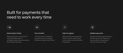 Plasma features section: left-aligned heading above four icon columns describing payment capabilities on a charcoal background