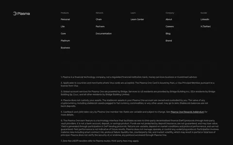 Plasma footer section: logo, five link columns, numbered legal disclosures, app store badges and a QR code on near-black