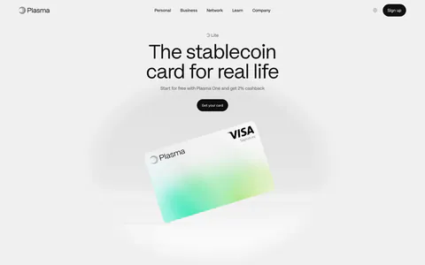 Plasma hero section: nav, centered headline and black button above a tilted white-and-green Visa card render on light gray