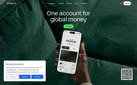 Plasma hero section: centered headline and green button above a hand holding a phone over a full-bleed green sofa photo