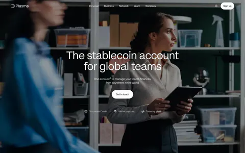 Plasma hero section: nav and centered headline with Get in touch button over a full-bleed office photo of a woman holding a tablet