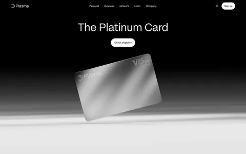 Plasma hero section: nav and centered headline with Check eligibility button above a tilted silver card render on black-to-white