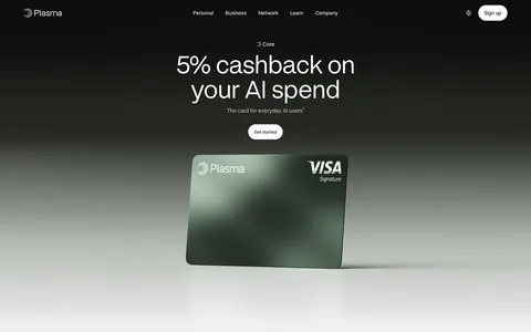 Plasma hero section: centered headline and Get started button above a green Plasma Visa card render on a black-to-gray fade
