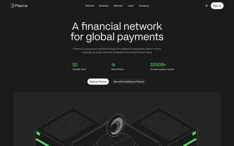 Plasma hero section: centered headline, three green stats and buttons above an isometric line render of blockchain hardware on dark