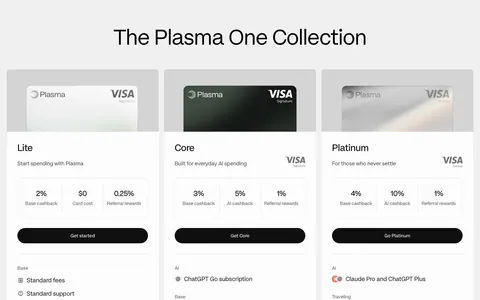 Plasma pricing section: centered heading above three card tier columns with Visa card images, cashback figures and perks