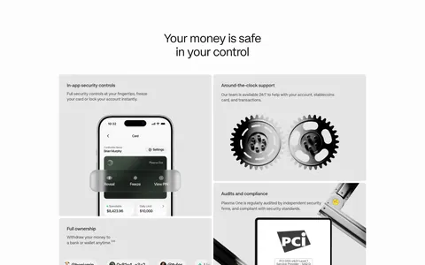 Plasma security section: centered heading above a bento of gray tiles with a phone UI, 3D gears, a PCI badge and user handles