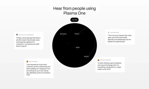 Plasma testimonials section: centered heading and button above a black globe surrounded by four floating user quote cards