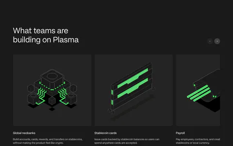 Plasma use cases section: heading with arrow buttons above a carousel of cards with green isometric renders on charcoal