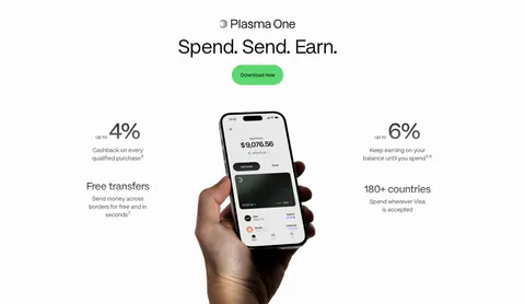Plasma value proposition section: centered heading and green button above a hand holding a phone flanked by four benefit stats