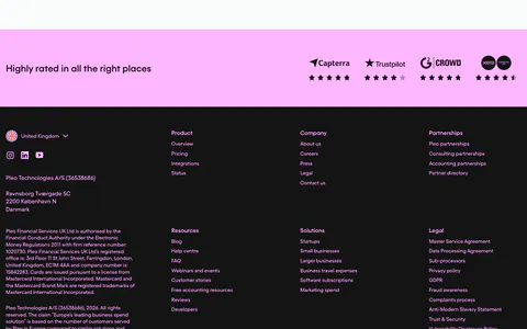 Pleo footer section: pink review-ratings strip above dark link columns, legal text and a giant pink Pleo wordmark