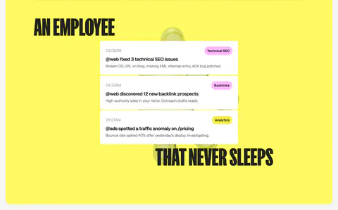 Ploy features section: split condensed headline wrapped around a stack of white agent activity notification cards on a bright yellow panel