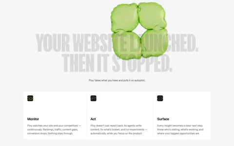 Ploy features section: huge gray condensed headline behind a green 3D inflatable shape, above three columns for Monitor, Act and Surface