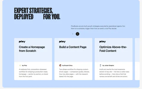 Ploy features section: condensed headline and arrow controls above a carousel of PloyBooks strategy cards on a light blue panel