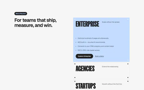 Ploy use cases section: headline on the left with stacked accordion-style cards for Enterprise, Agencies and Startups on the right