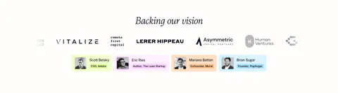 Plumb logo cloud section: italic serif heading above investor logos fading at the edges and four pastel angel investor cards with headshots