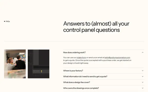 Podium Automation FAQ section: two small photos on the left, headline and accordion of questions on the right, cream background