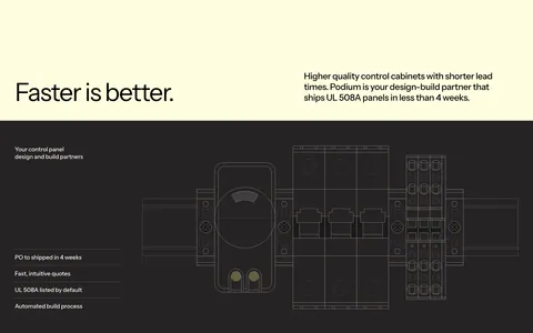 Podium Automation hero section: headline on a pale yellow band above a dark panel with a line drawing of control panel components