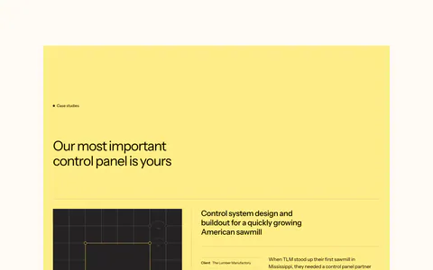 Podium Automation testimonials section: yellow panel with case study heading, client logo image, story text and arrow controls