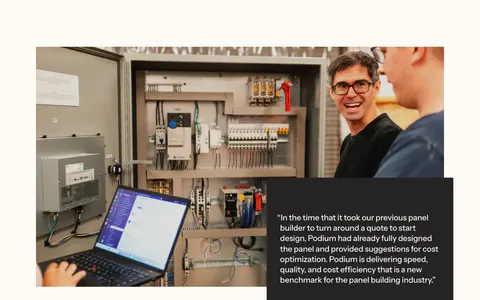 Podium Automation testimonials section: photo of engineers at a control panel overlapped by a dark quote card on a cream background