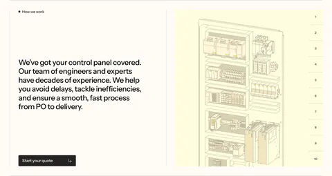 Podium Automation value proposition section: large text block left and a numbered control cabinet illustration on the right